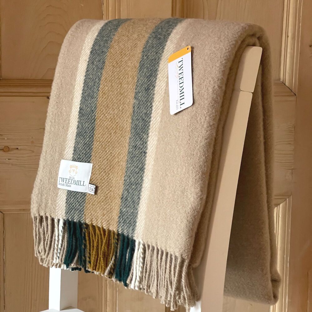 Tweedmill Beige College Stripe Pure New Wool Throw / Blanket - Mustard & Ol