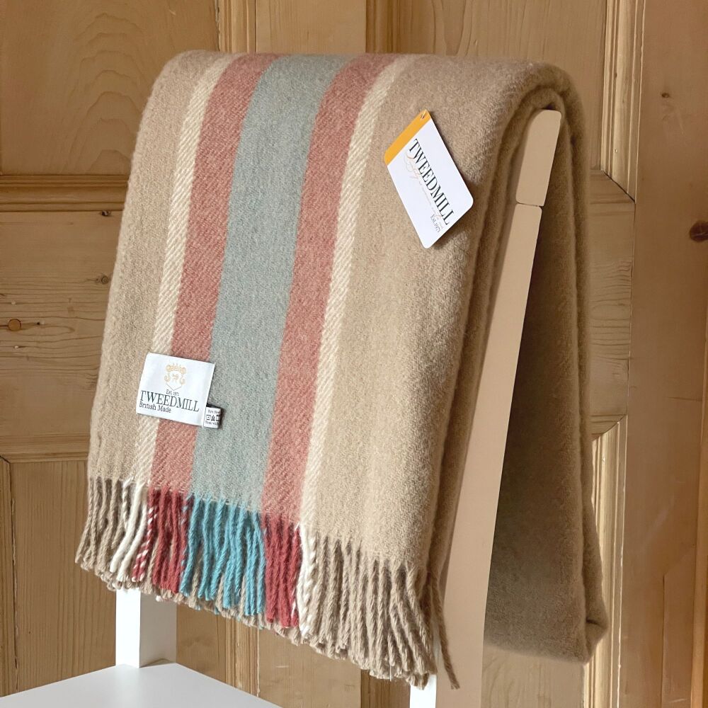 Tweedmill Beige College Stripe Pure New Wool Throw / Blanket - Spearmint & 