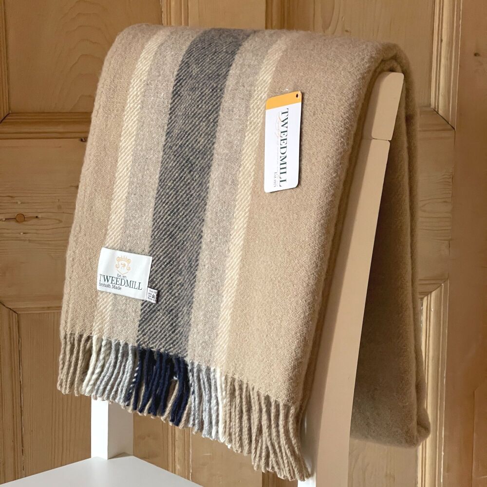 Tweedmill Beige College Stripe Pure New Wool Throw / Blanket - Navy & Neutr