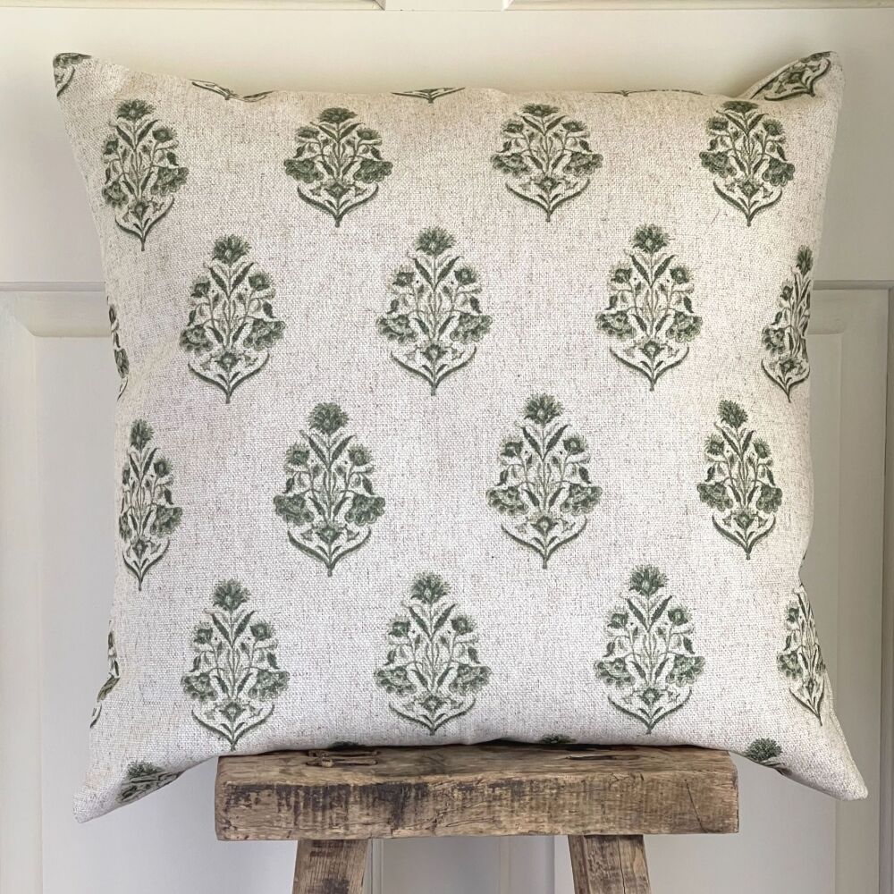 Linen mix Block Print Botanical Cushion - Antique White & Country Green