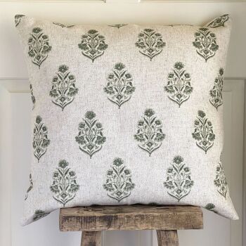 Linen mix Block Print Botanical Cushion - Antique White & Country Green