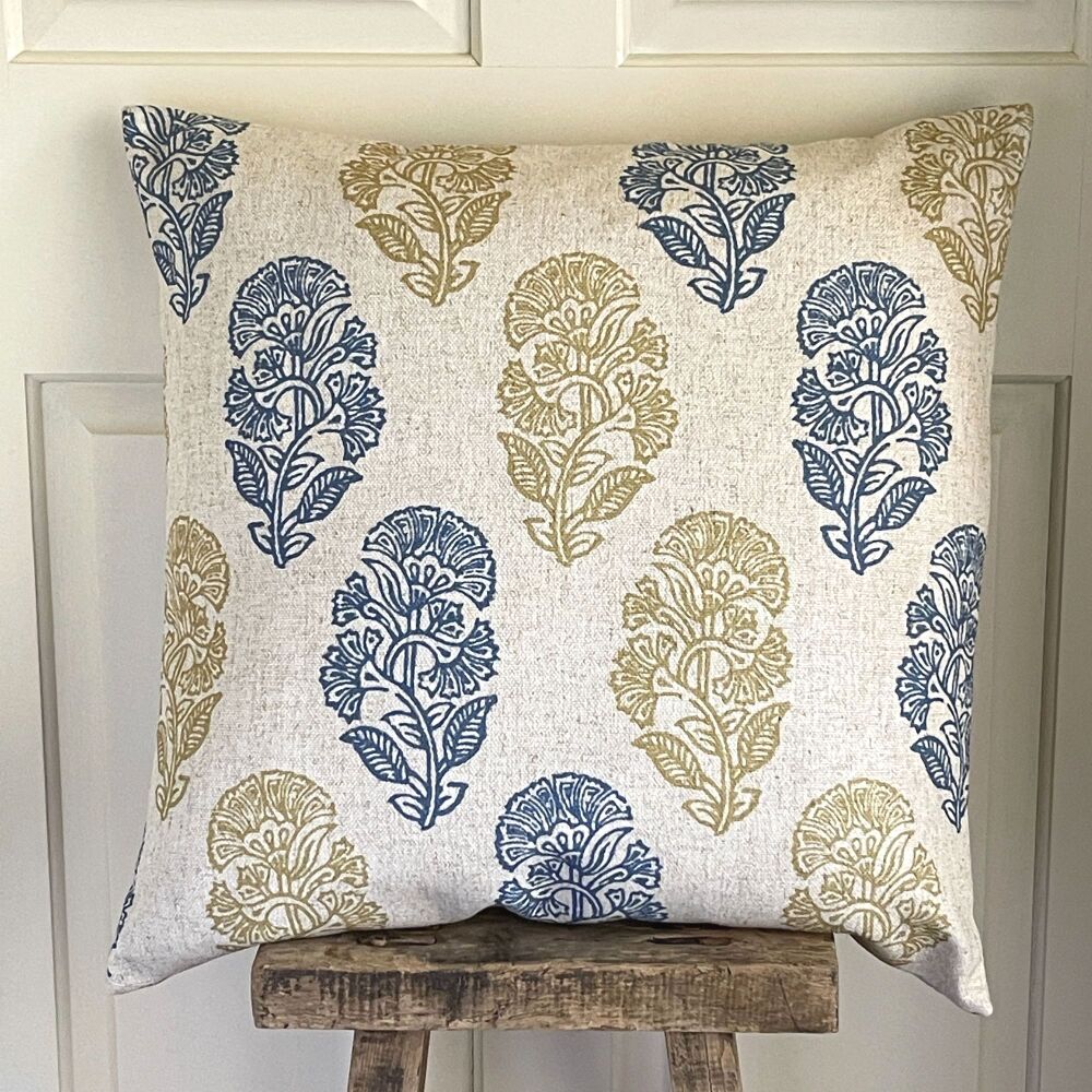 Linen mix Block Print Botanical Cushion - Antique White, Blue & Lime Green
