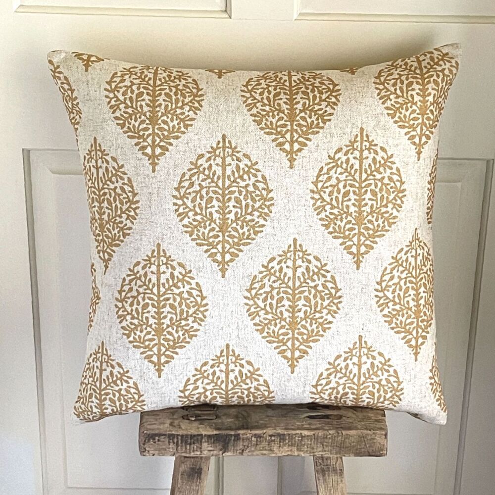 Linen mix Block Print Botanical Cushion - Antique White & Ochre Gold