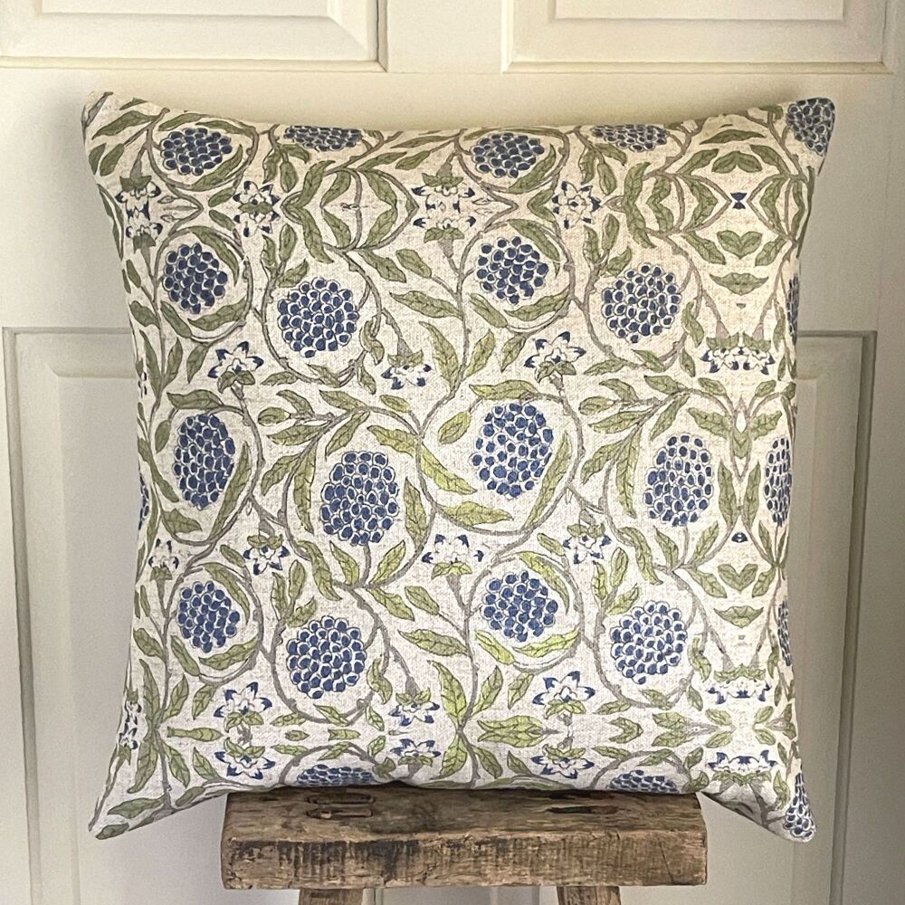 Linen mix Berries & Foliage Botanical Cushion - Antique White, Blue & Green