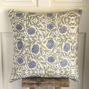 Linen mix Berries & Foliage Botanical Cushion - Antique White, Blue & Green