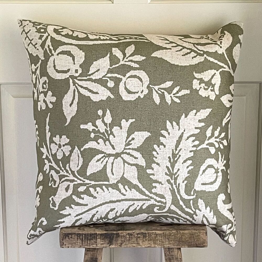 Linen mix Flowers & Foliage Cushion - Antique White & Olive Green