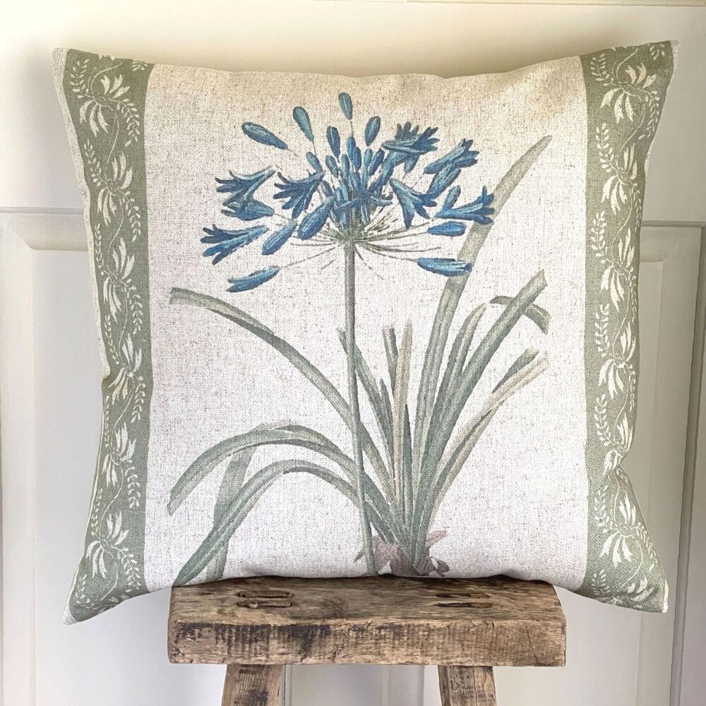 Linen mix Agapanthus Cushion -  Botanical Green & Blue