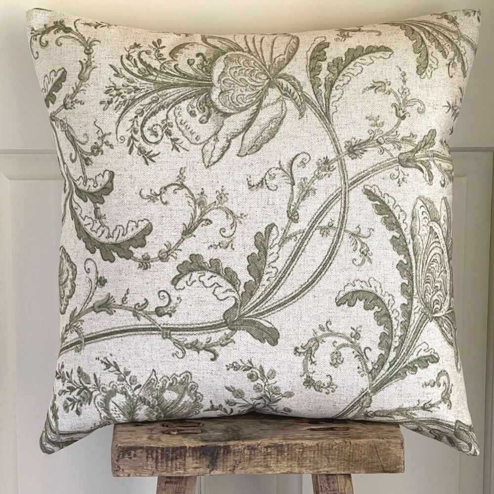 Linen mix Flower Garden Cushion - Vintage White & Sage Green