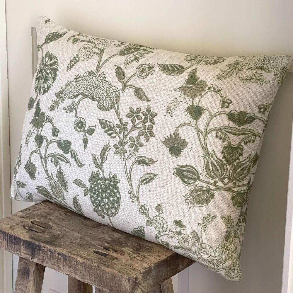Linen mix Cushion in Vintage White & Sage Green - Rectangular