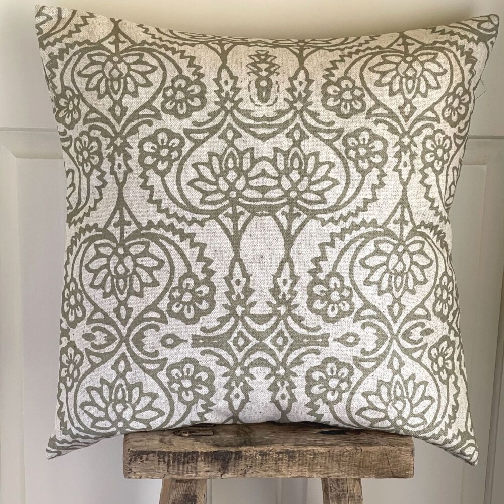 Linen mix Lotus Vine Botanical Cushion - Antique White & Olive Green