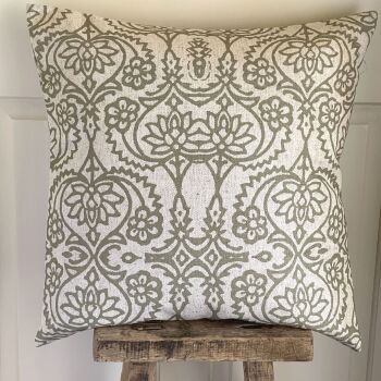 Linen mix Lotus Vine Botanical Cushion - Antique White & Olive Green