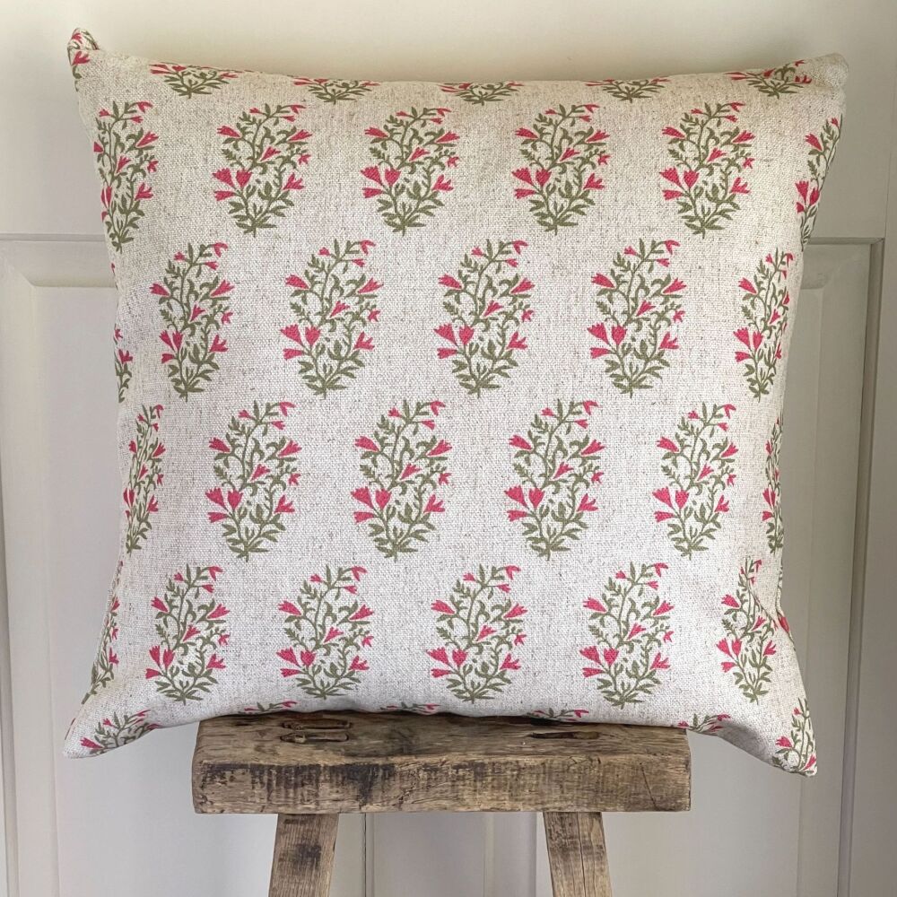 Linen mix Flowers & Foliage Botanical Cushion - Antique White, Pink & Green
