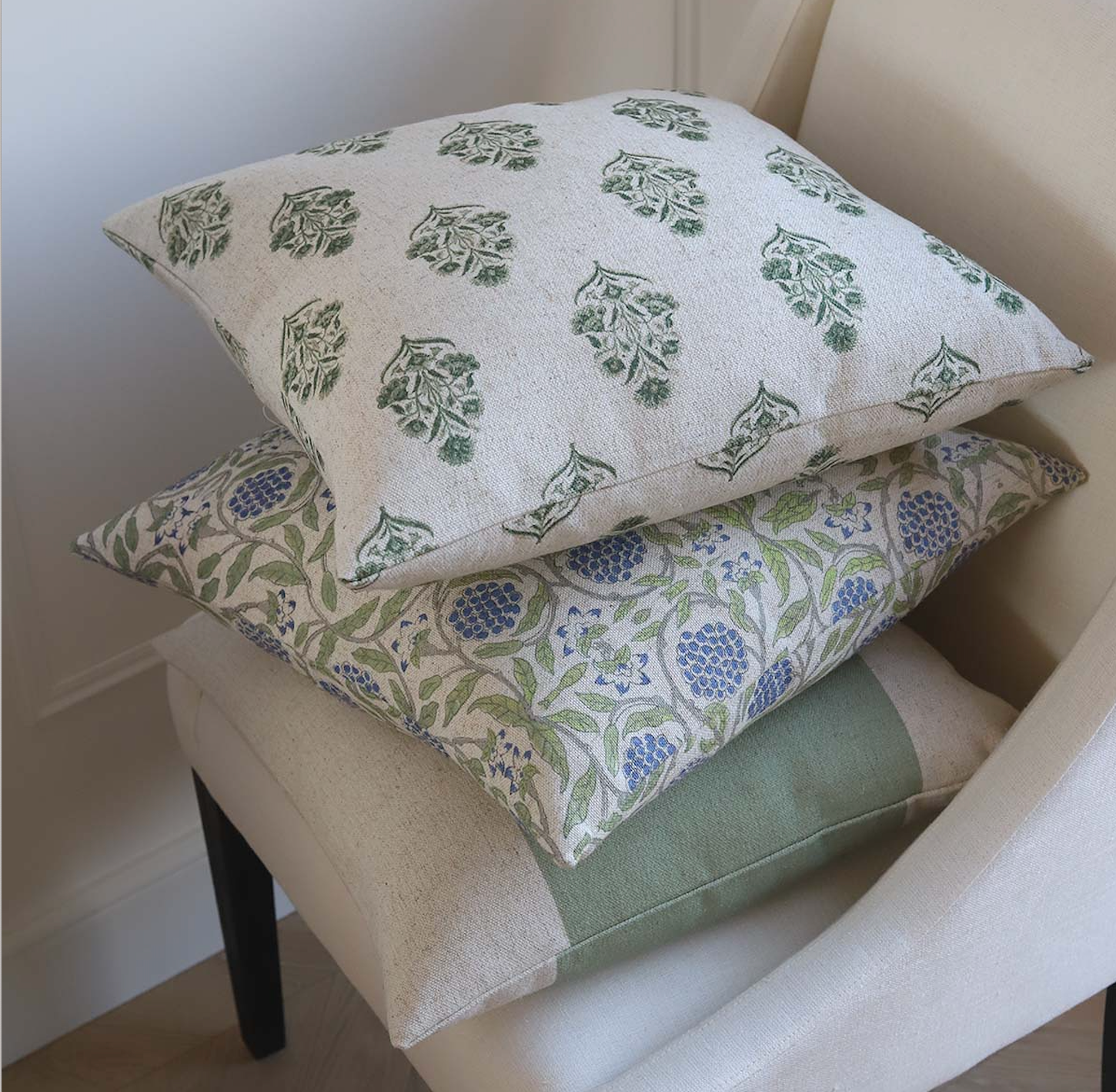 Linen cushions in Vintage Green and White