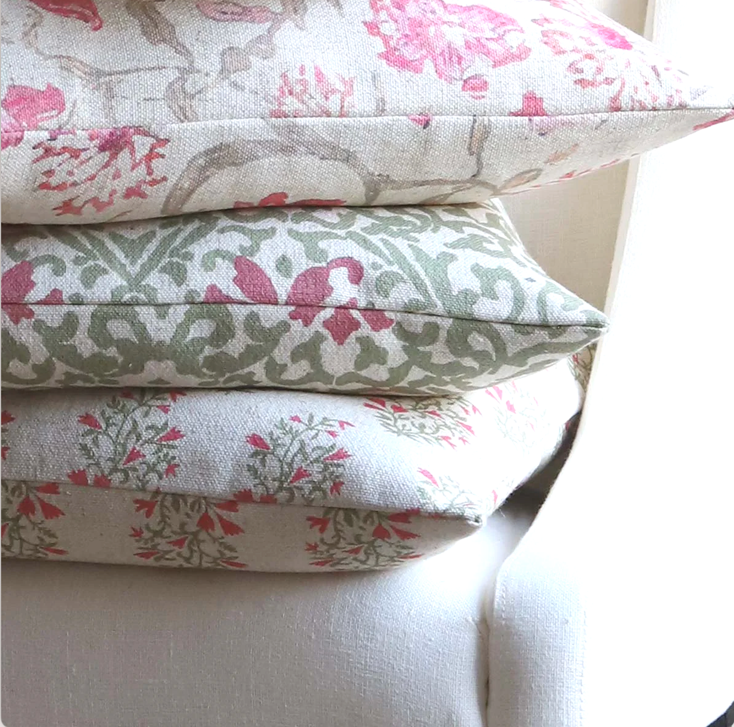 Linen cushion olive green and vintage white