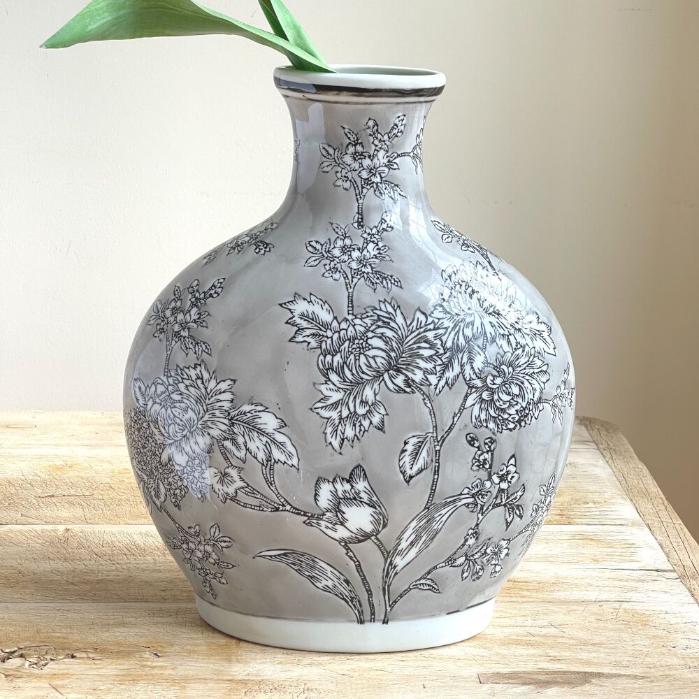 Narrow Glazed Oval Botanical Window Cill Vase - Pale Grey & Vintage White