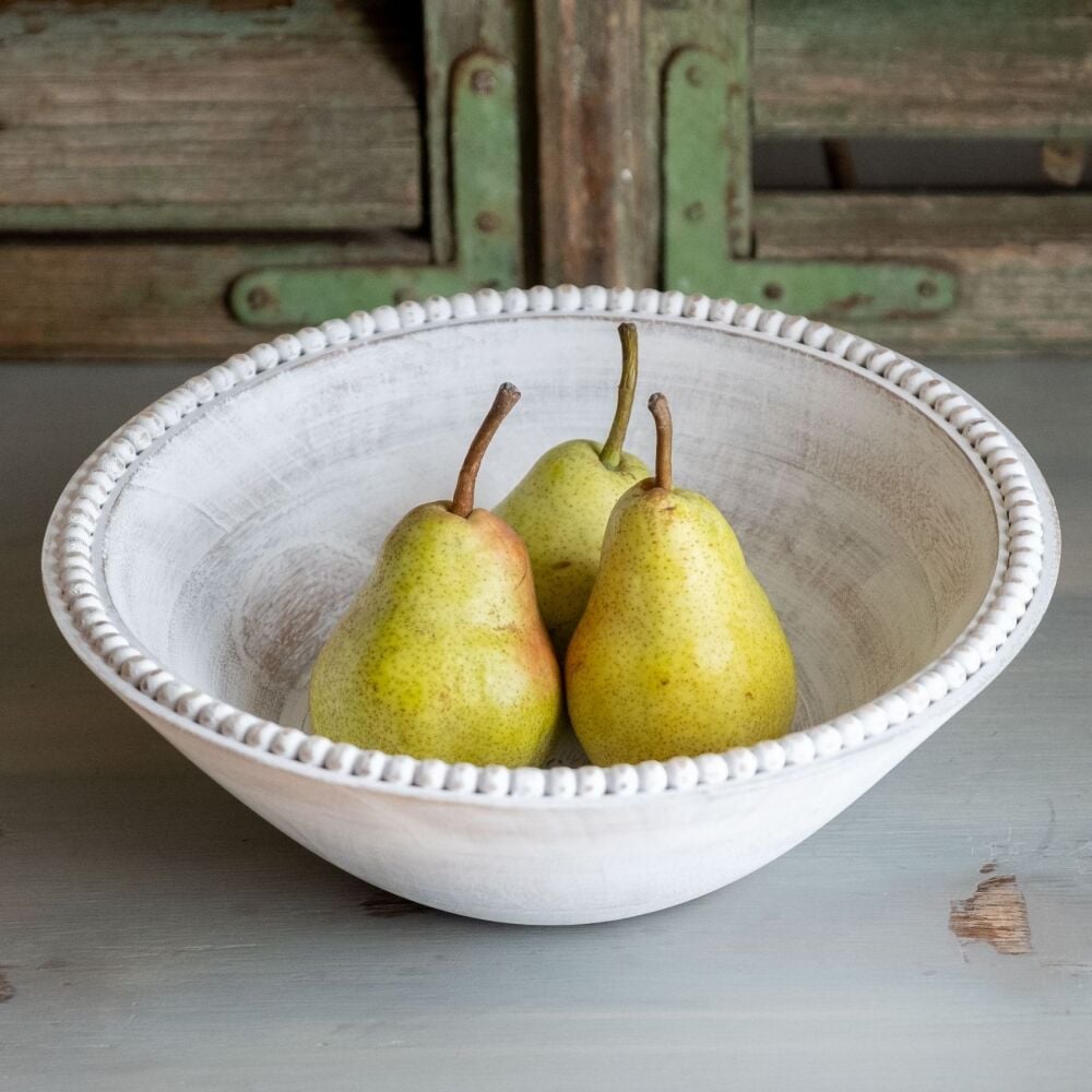 Beaded Decorative Wooden Fruit Bowl or Decorative Bowl - Whitewash