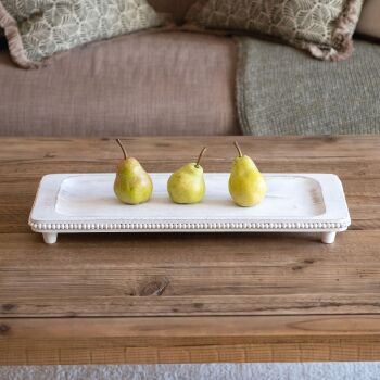 Beaded Large Wooden Rectangular Footed Display Tray / Platter - Whitewash
