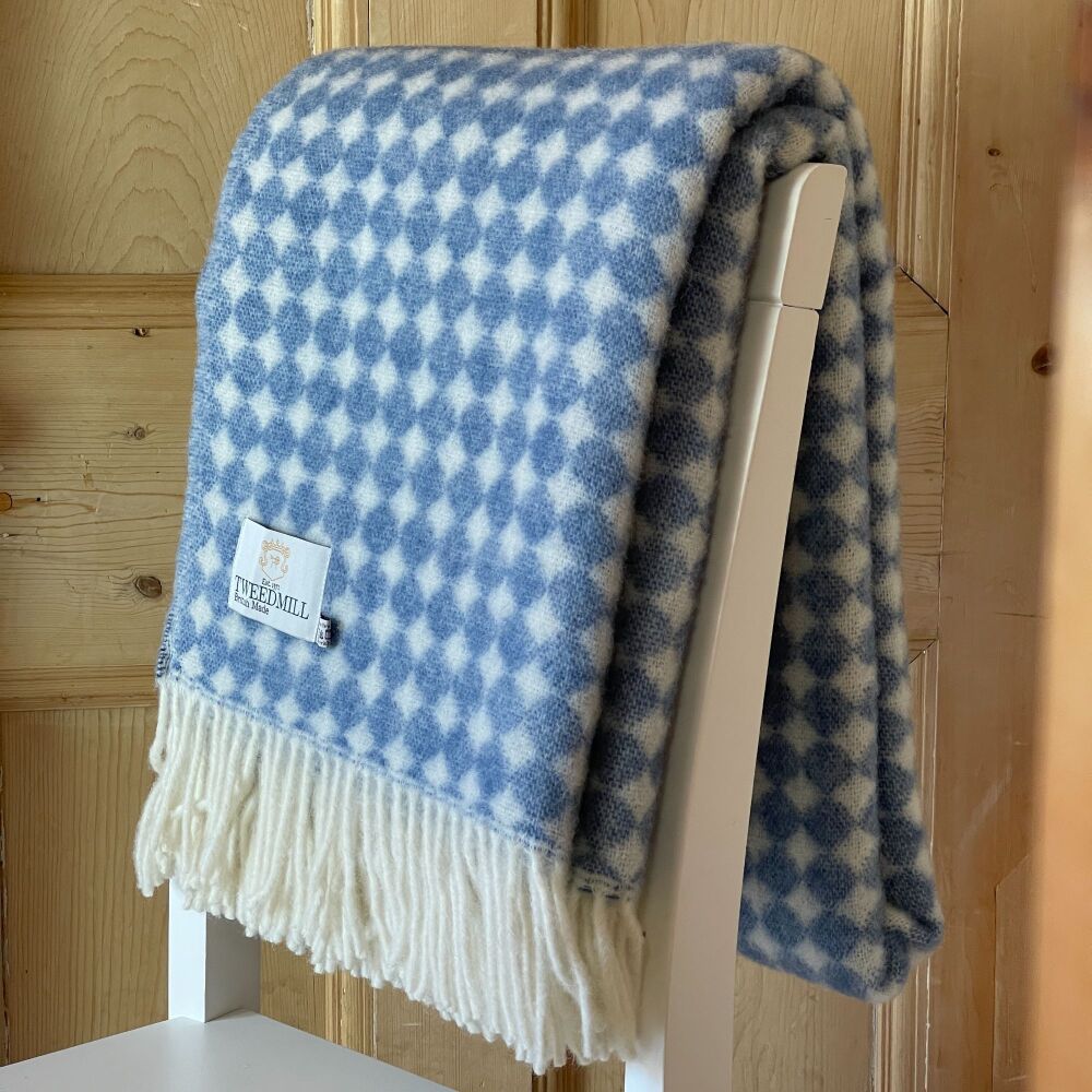 Tweedmill Jacquard Spot Pure New Wool Throw Blanket - Blue Jay