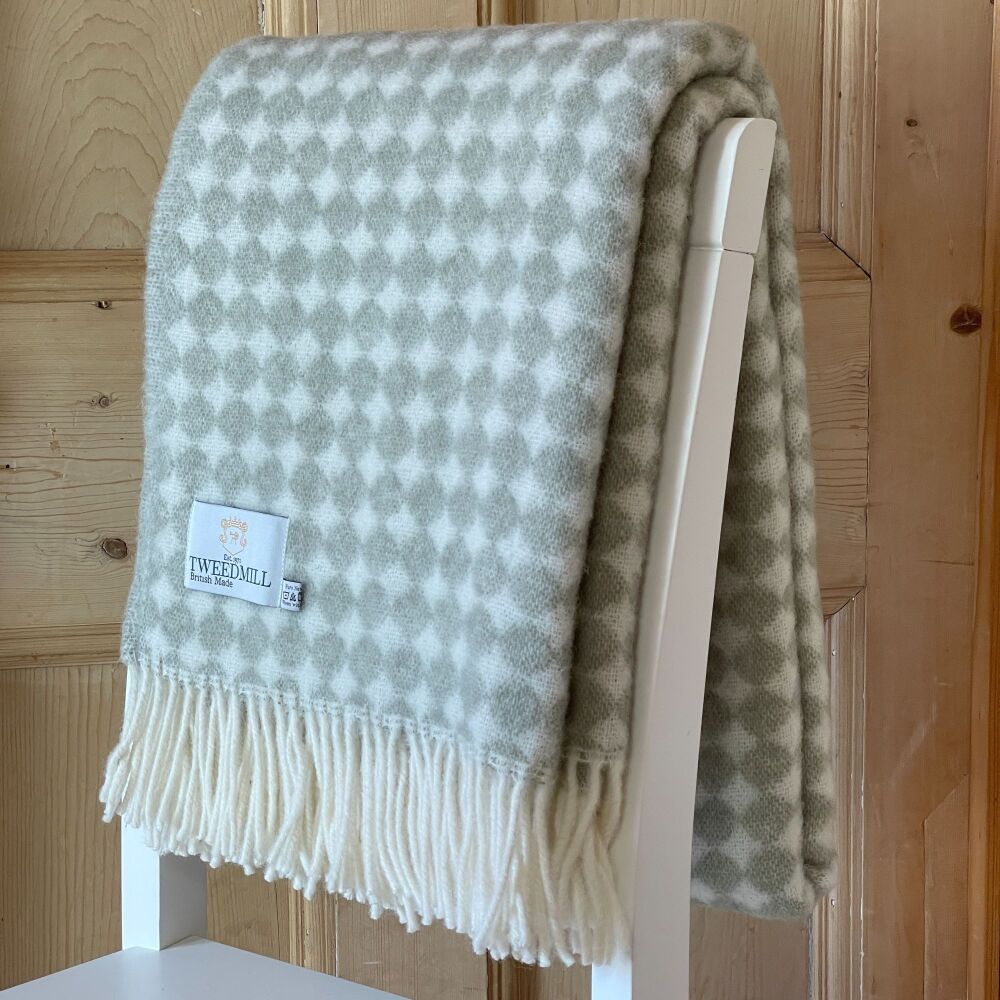 Tweedmill Jacquard Spot Pure New Wool Throw Blanket - Sage Green