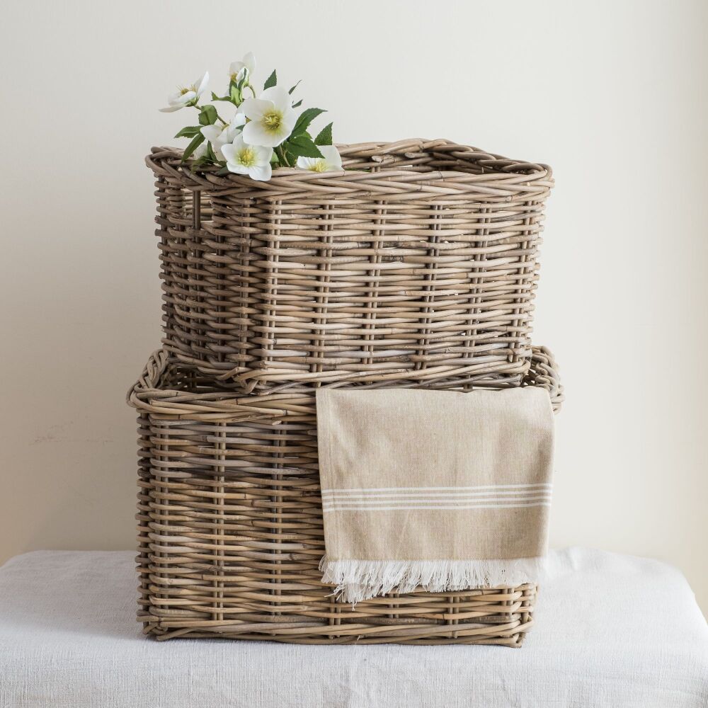Rattan Wicker Oblong Storage / Log Basket with Integral Handles - Natural