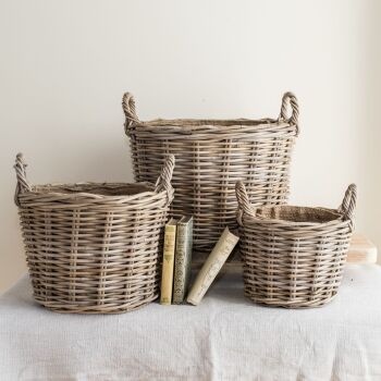 Rattan Wicker Round Storage Basket with Hessian Liner - Natural