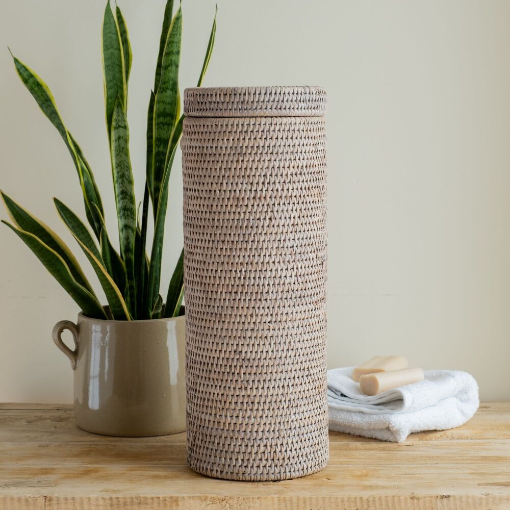 Rattan Wicker Artisan Tall Toilet Roll Storage Basket - Natural Whitewash