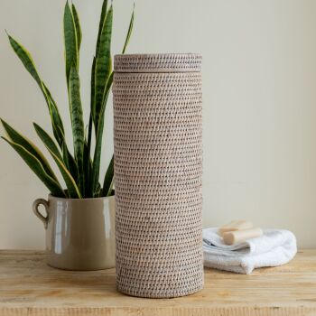 Rattan Wicker Artisan Tall Toilet Roll Storage Basket - Natural Whitewash