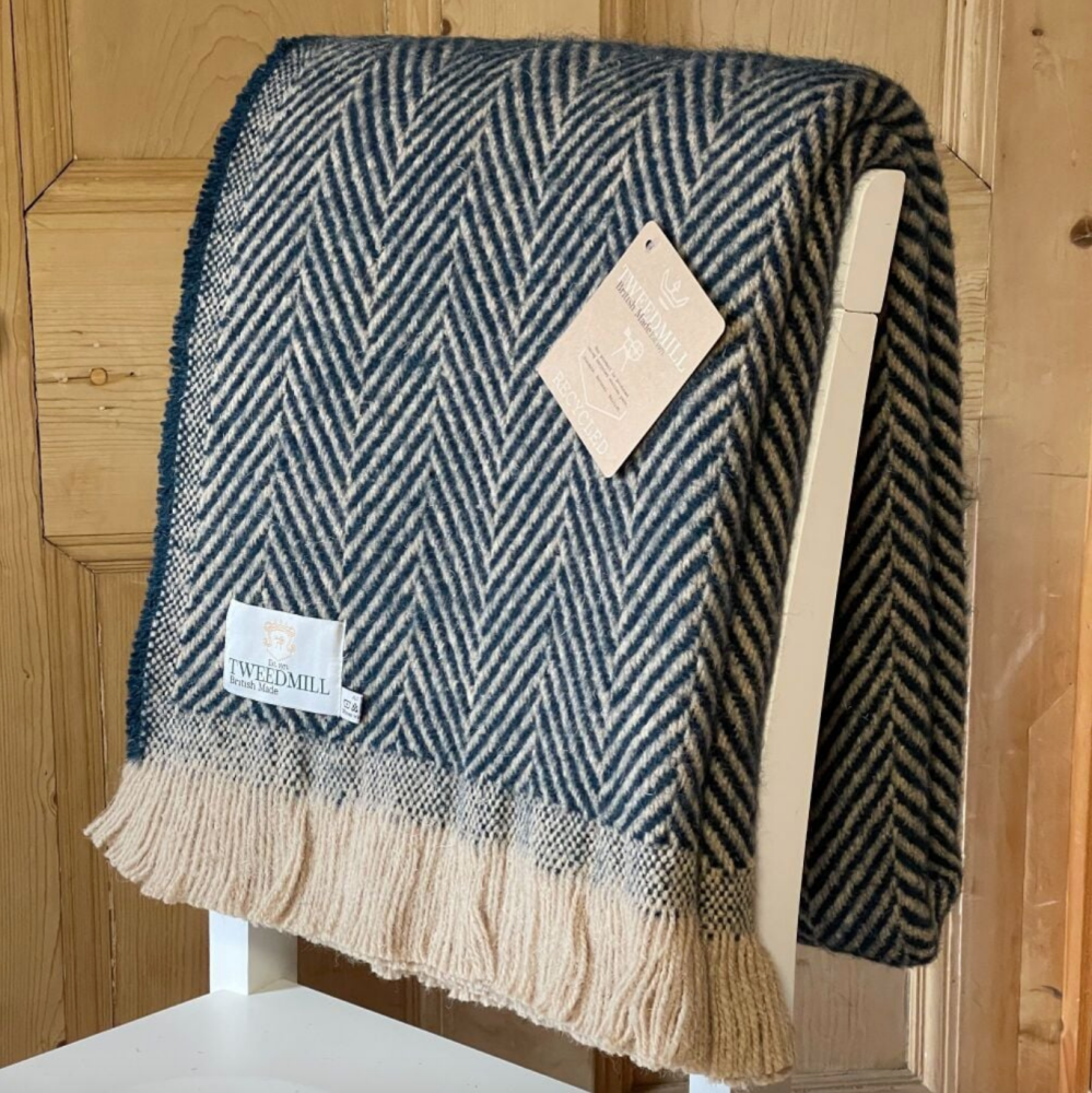 Tweedmill Recycled Herringbone Heavyweight LARGE Throw / Blanket  - Ink Blu