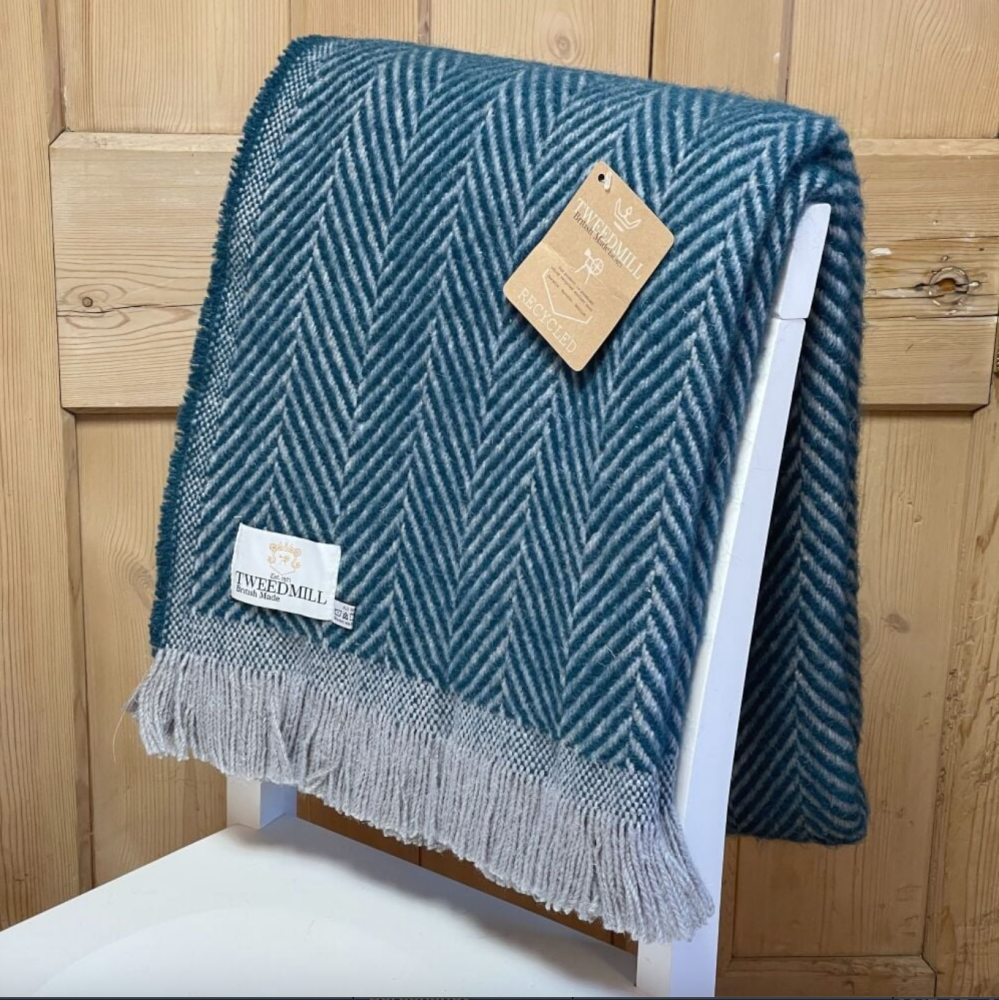 Tweedmill Recycled Herringbone Heavyweight LARGE Throw / Blanket  - Teal Green