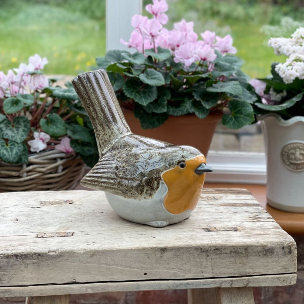 Glazed Earthenware Rustic Robin Sculpture - Large