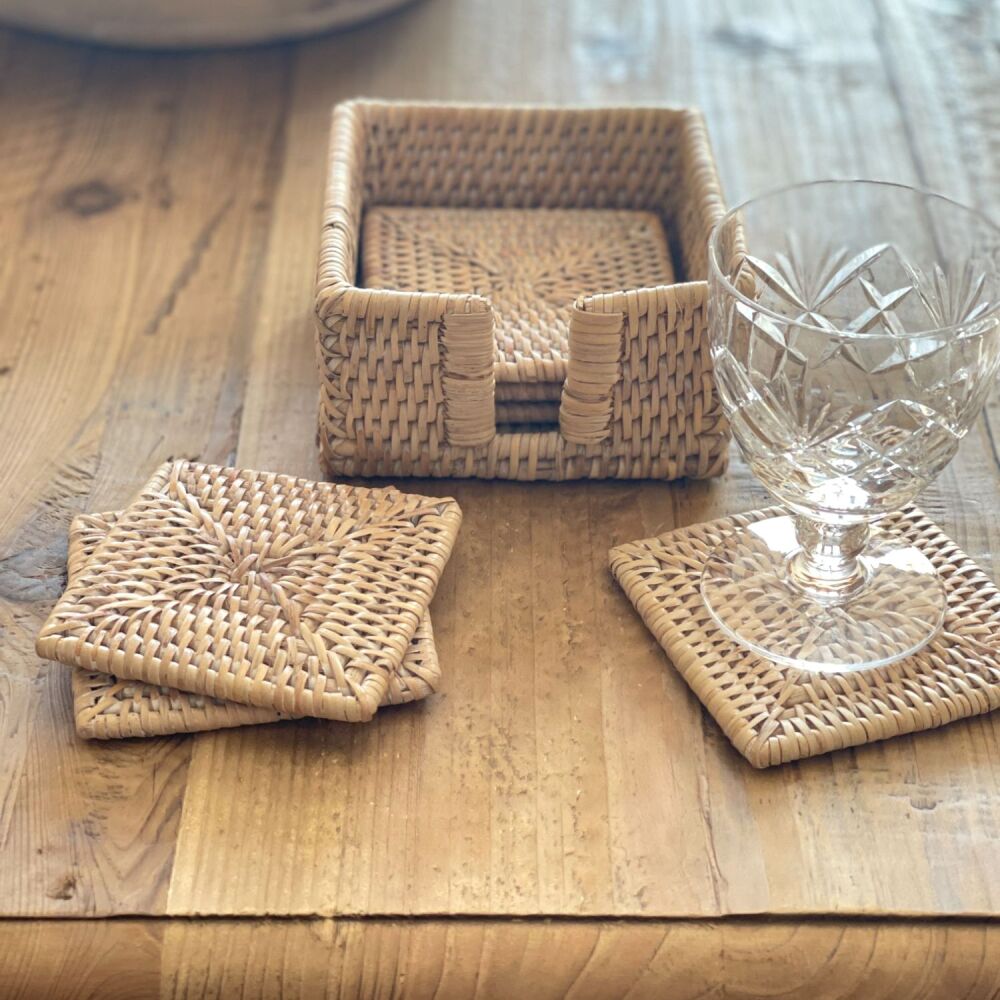 Rattan Wicker Artisan Square Coasters Set of 6 - Natural Whitewash