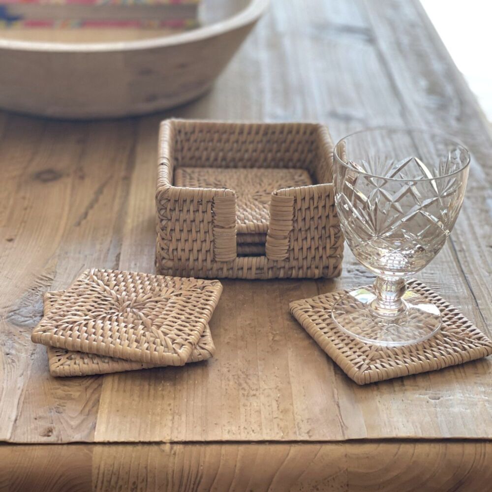 Rattan Wicker Artisan Square Coasters Set of 6 - Natural Whitewash