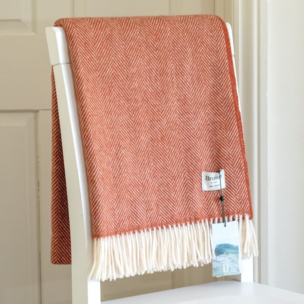 BRONTE by Moon Herringbone Orange-Rust Throw in super soft Merino Lambswool