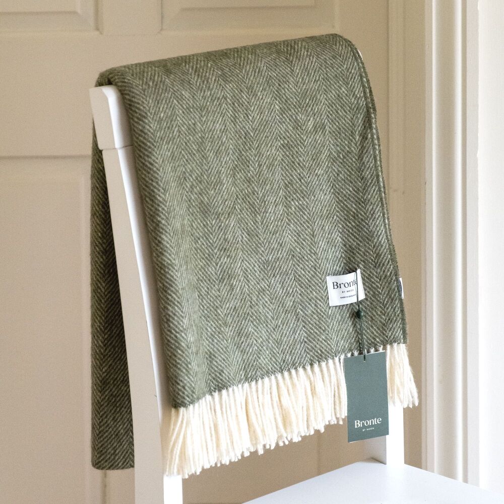 BRONTE by Moon British Wool Herringbone Throw - Olive Green