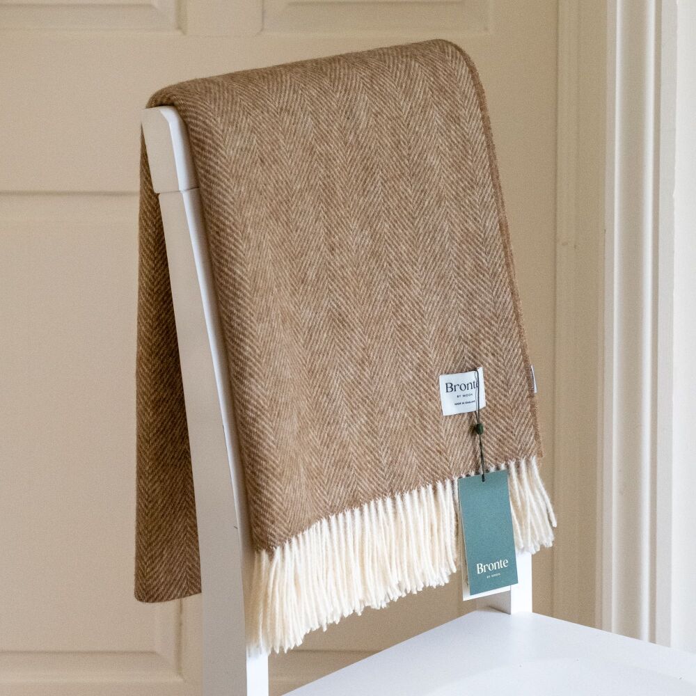BRONTE by Moon British Wool Herringbone Throw - Camel Lambswool