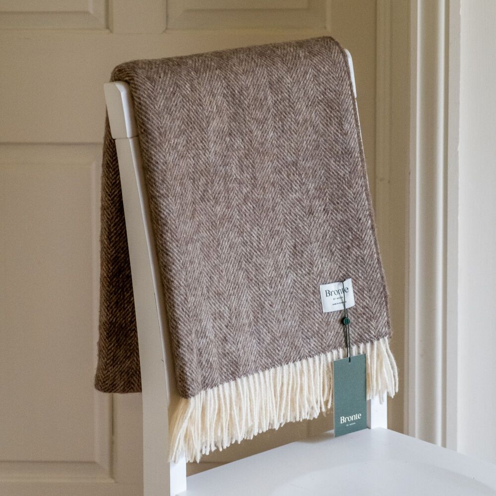 BRONTE by Moon British Wool Herringbone Throw - Natural Brown Lambswool