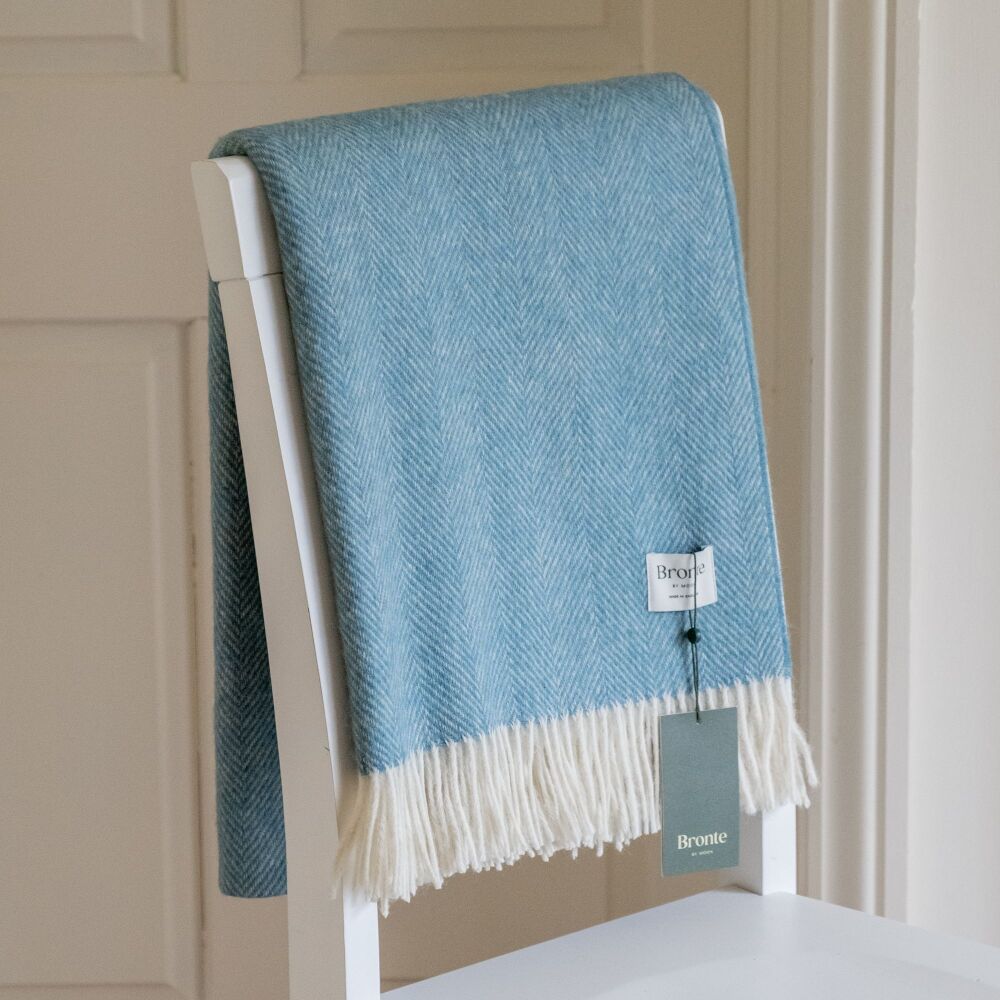 BRONTE by Moon British Wool Herringbone Throw - Teal Blue Lambswool