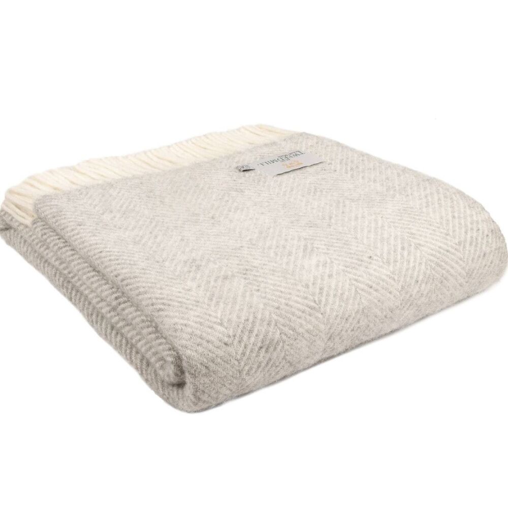 Tweedmill Silver Grey Herringbone Pure New Wool Throw Blanket