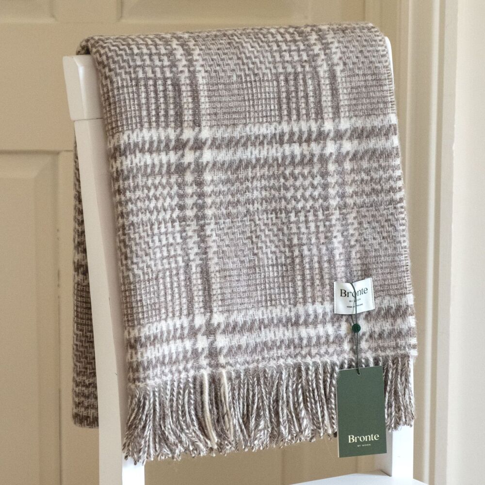 BRONTE by Moon British Wool Patchwork Glen Check Lambswool Throw - Natural 