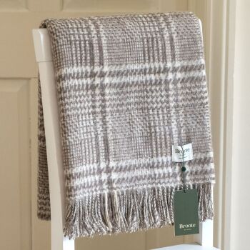 BRONTE by Moon British Wool Patchwork Glen Check Lambswool Throw - Natural Brown & Ecru