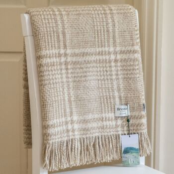 BRONTE by Moon British Wool Patchwork Glen Check Lambswool Throw - Natural Beige & White