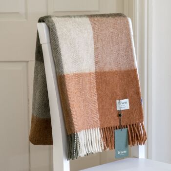 BRONTE by Moon British Wool Block Check Throw - Terracotta Olive Green Lambswool