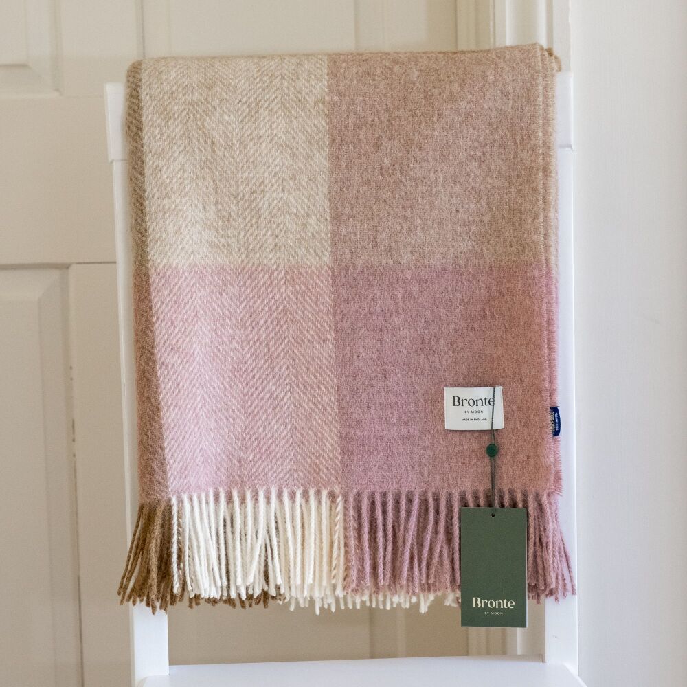 BRONTE by Moon British Wool Block Check Throw - Pink Camel Lambswool