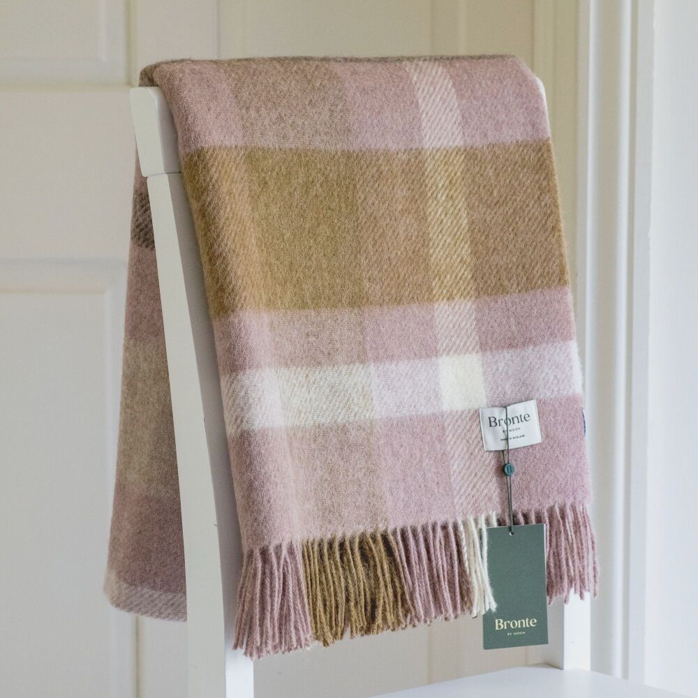 BRONTE by Moon British Wool Contemporary Check Throw - Pink Camel Lambswool