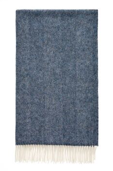 BRONTE by Moon Herringbone Throw Extra Large Blanket Navy Blue Shetland Wool