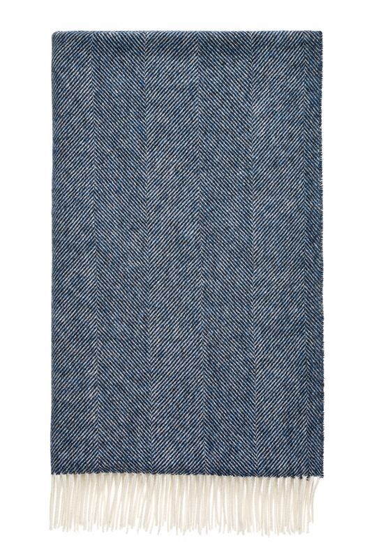 BRONTE by Moon Herringbone Throw Extra Large Blanket Navy Blue Shetland Wool