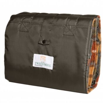 WATERPROOF Backed Wool Burghley Picnic Rug Antique Buchanan Check with Integral Carry Strap