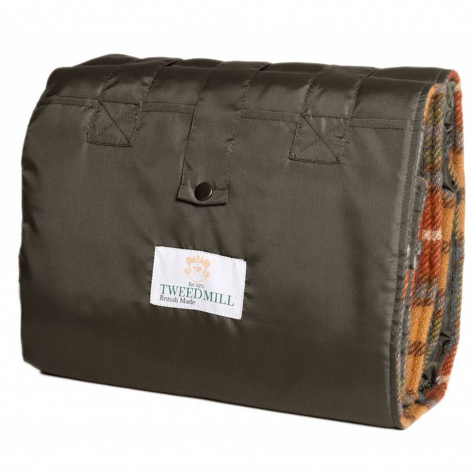 WATERPROOF Backed Wool Burghley Picnic Rug Antique Buchanan Check with Integral Carry Strap
