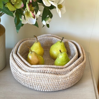 Rattan Wicker Artisan Scallop Bowl Basket - Natural Whitewash