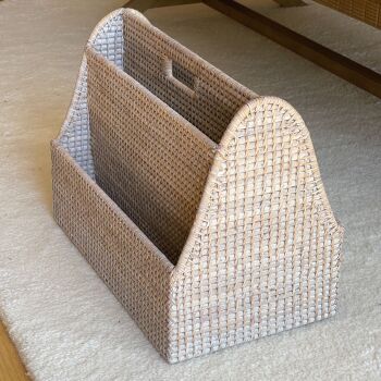 Rattan Wicker Artisan Magazine Holder / Storage Basket 4 Slots - Natural Whitewash